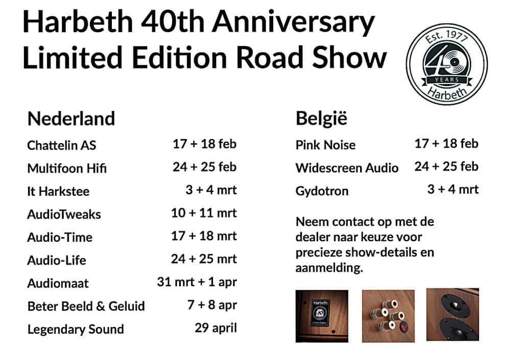 Het schema van de Beluister de Harbeth jubileumspeakers tijdens de Harbeth 40th Anniversary Limited Edition road show